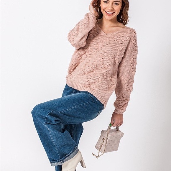$ FIRM 🌷Mauve Heart Pom Pom Chunky Knit Sweater - Picture 4 of 5